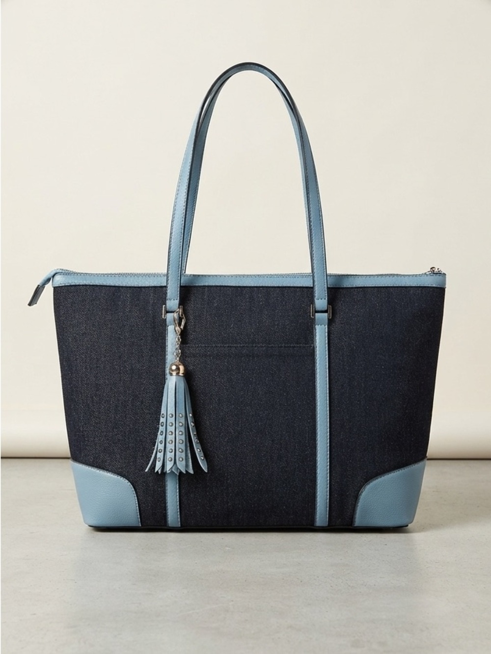 La Diva Denim & Blue Trim Tote Shoulder Bag with Studded Tassel Charm